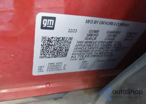 2024 Chevrolet Trax Fwd Sp z USA, uszkodzony, nr VIN KL77LFE29RC170529